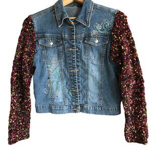 Upcycled Denim Jacket, XS-S: Embroidered Boho Cropped Jacket, Sweater Sleeves